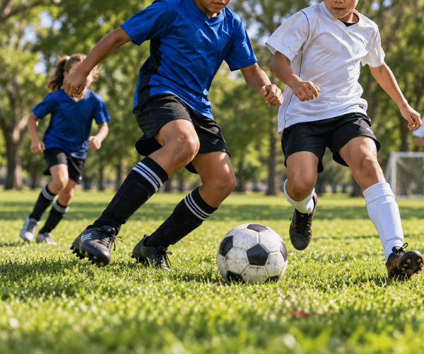 Two soccer players in blue and white sprint toward a black-and-white ball on a sunny grassy field, with other players in the background.